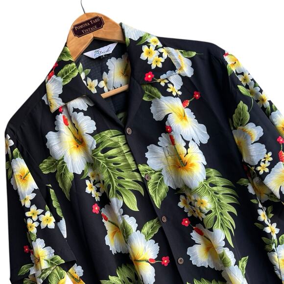 VTG Alvish Men LARGE Black Hibiscus Hawaiian Shirt Short Sleeve Button Up - Picture 1 of 6